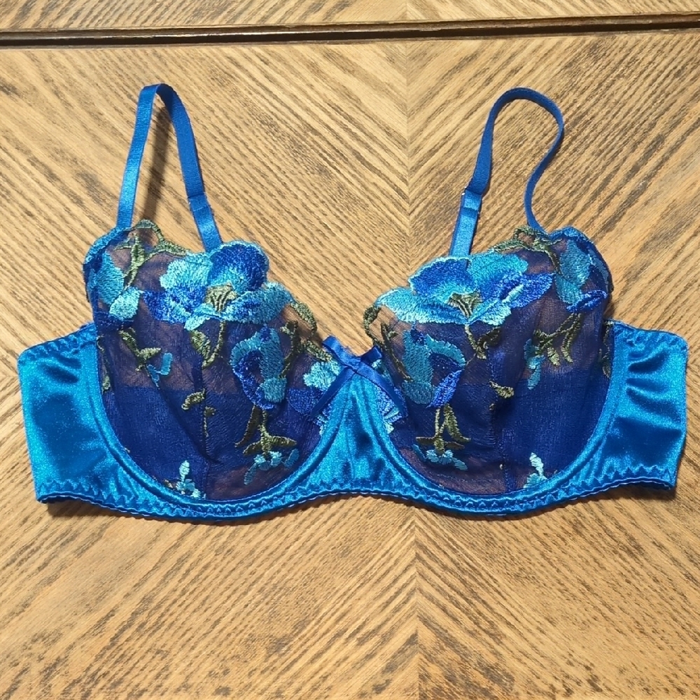 Blue Floral Embroidered Bra XL